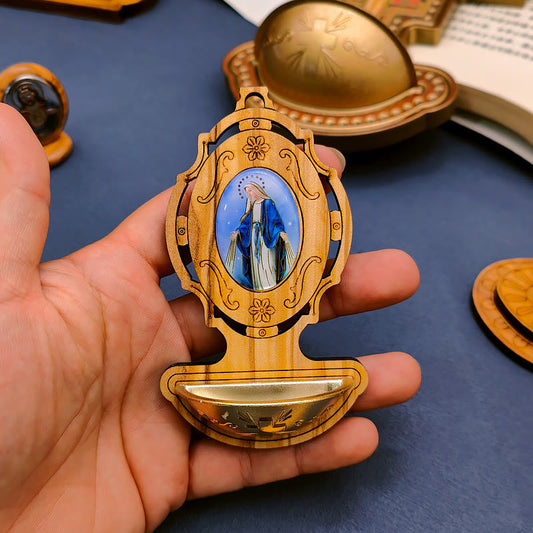 AMUSOUL  Miraculous Medal Holy Water Font Olive Wood Assumption of Our Lady