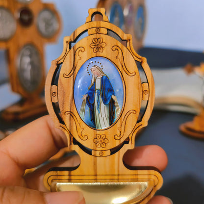 AMUSOUL  Miraculous Medal Holy Water Font Olive Wood Assumption of Our Lady