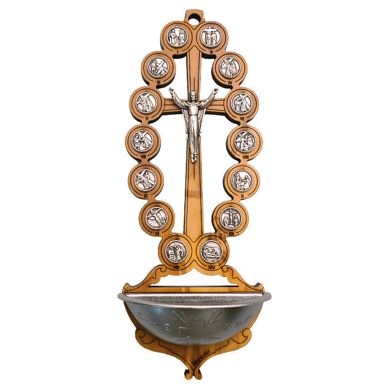 AMUSOUL  Damian Holy Water Font Olive Wood Station of the Cross