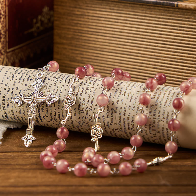 AMUSOUL Our Lady & Crucifix of 8mm Round Rose Pink Alloy Chain Rosary