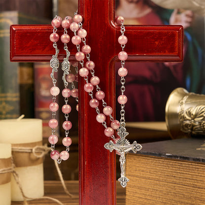 AMUSOUL Our Lady & Crucifix of 8mm Round Rose Pink Alloy Chain Rosary