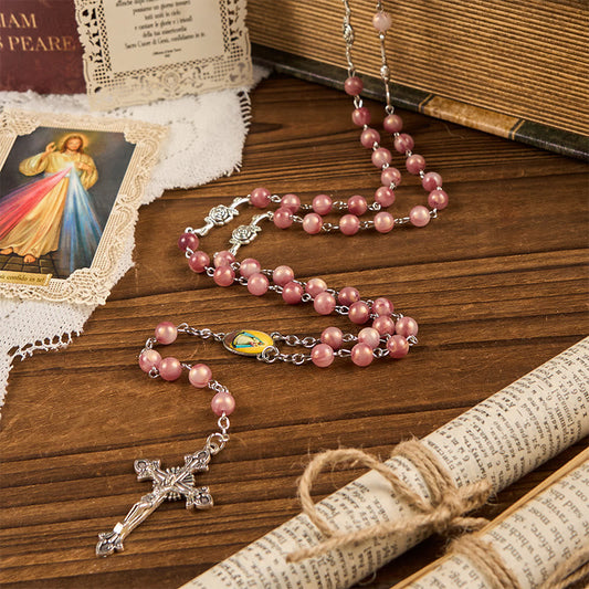AMUSOUL Our Lady & Crucifix of 8mm Round Rose Pink Alloy Chain Rosary