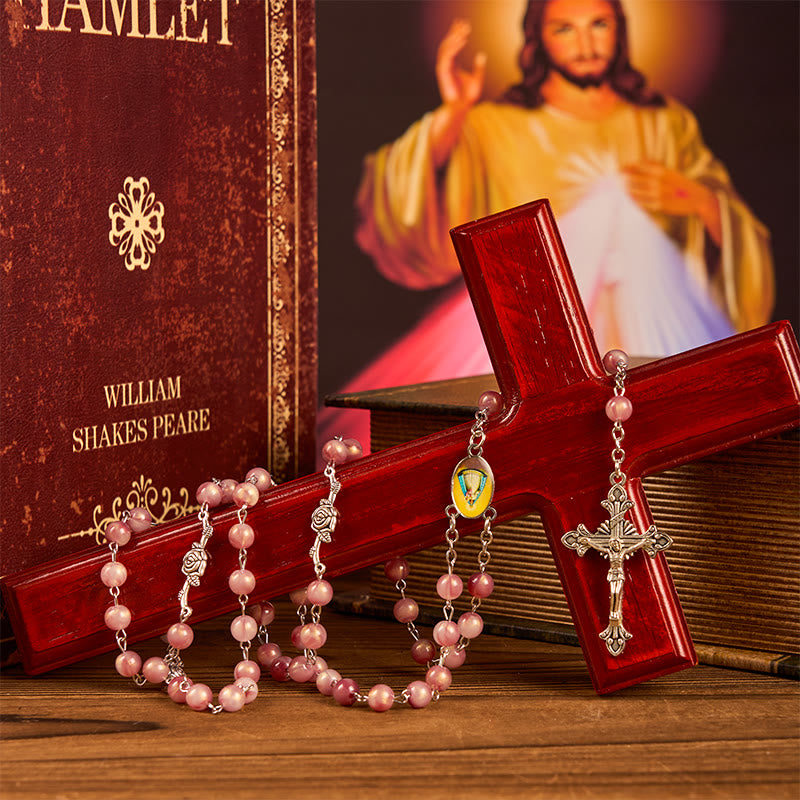 AMUSOUL Our Lady & Crucifix of 8mm Round Rose Pink Alloy Chain Rosary