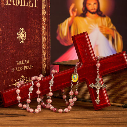 AMUSOUL Our Lady & Crucifix of 8mm Round Rose Pink Alloy Chain Rosary