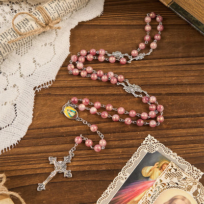 AMUSOUL Our Lady & Crucifix of 8mm Round Rose Pink Alloy Chain Rosary