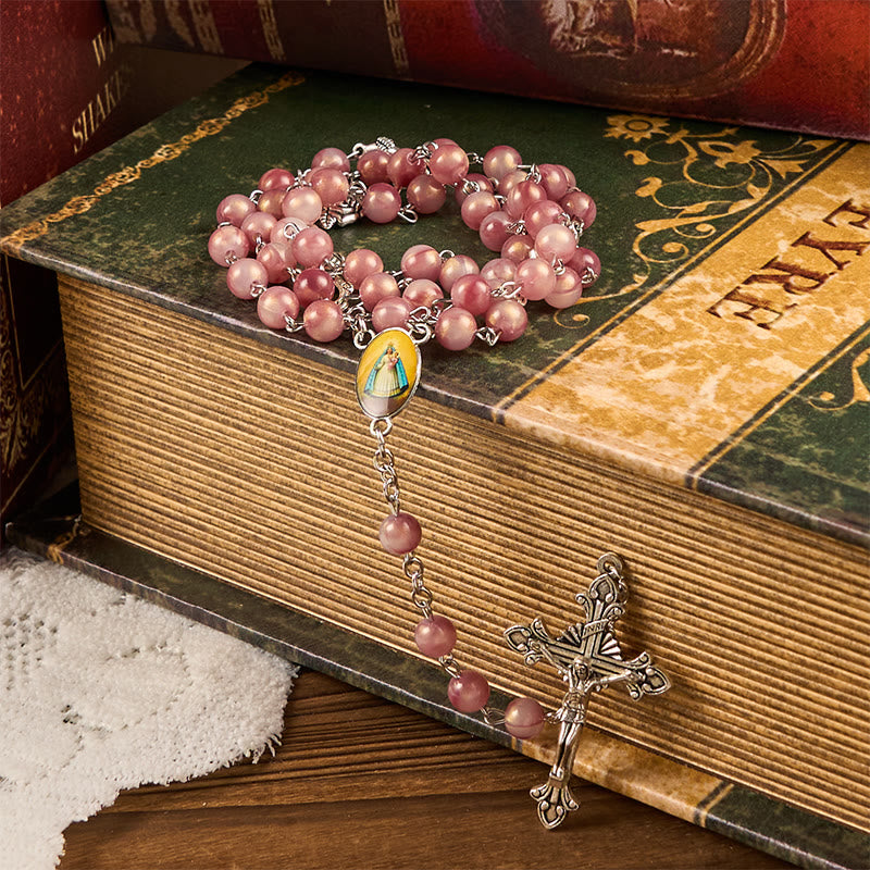 AMUSOUL Our Lady & Crucifix of 8mm Round Rose Pink Alloy Chain Rosary