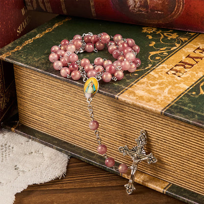 AMUSOUL Our Lady & Crucifix of 8mm Round Rose Pink Alloy Chain Rosary