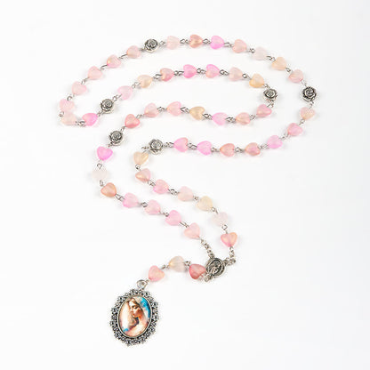 AMUSOUL Praying Mary & Our Lady of 10mm Heart Rose Glass Pink Alloy Chain Rosary