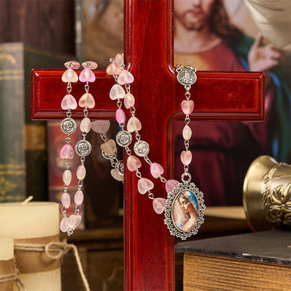 AMUSOUL Praying Mary & Our Lady of 10mm Heart Rose Glass Pink Alloy Chain Rosary