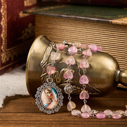 AMUSOUL Praying Mary & Our Lady of 10mm Heart Rose Glass Pink Alloy Chain Rosary