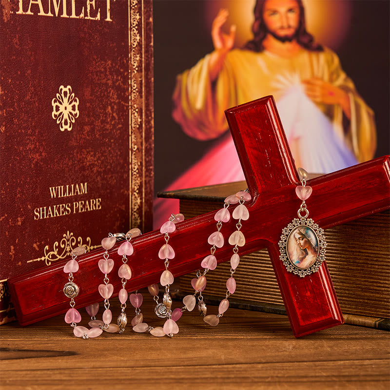 AMUSOUL Praying Mary & Our Lady of 10mm Heart Rose Glass Pink Alloy Chain Rosary