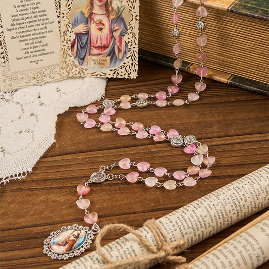 AMUSOUL Praying Mary & Our Lady of 10mm Heart Rose Glass Pink Alloy Chain Rosary