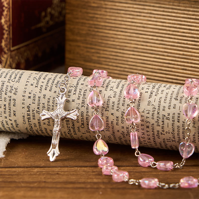 AMUSOUL Our Lady & Crucifix of 8mm Heart Acrylic Pink Alloy Chain Rosary