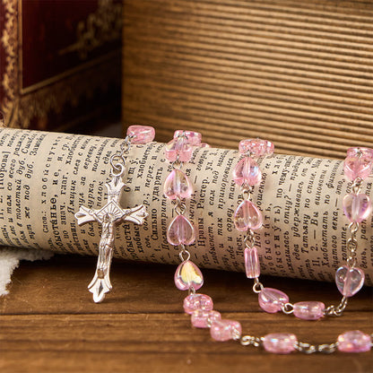 AMUSOUL Our Lady & Crucifix of 8mm Heart Acrylic Pink Alloy Chain Rosary
