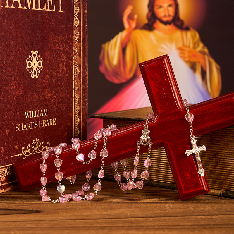 AMUSOUL Our Lady & Crucifix of 8mm Heart Acrylic Pink Alloy Chain Rosary