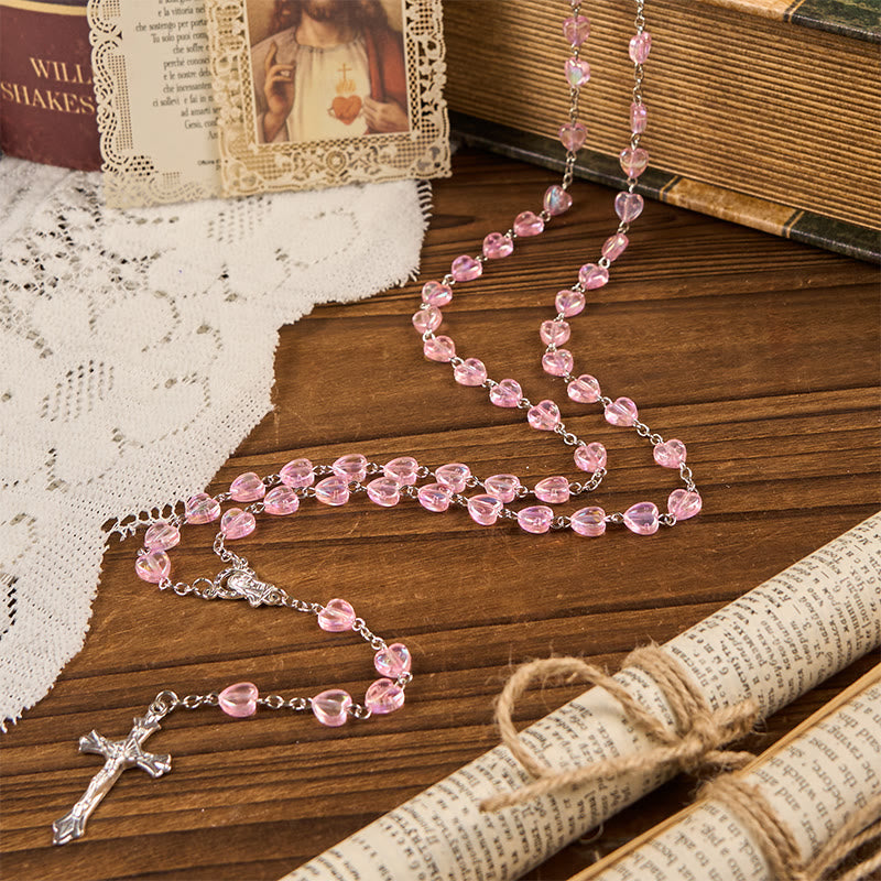 AMUSOUL Our Lady & Crucifix of 8mm Heart Acrylic Pink Alloy Chain Rosary