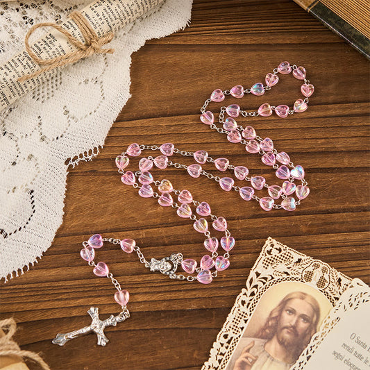 AMUSOUL Our Lady & Crucifix of 8mm Heart Acrylic Pink Alloy Chain Rosary