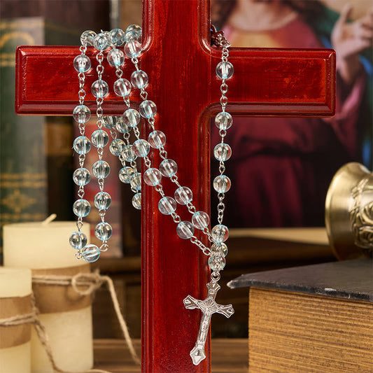 AMUSOUL Our Lady & Crucifix of 8mm Round Glass Blue Alloy Chain Rosary