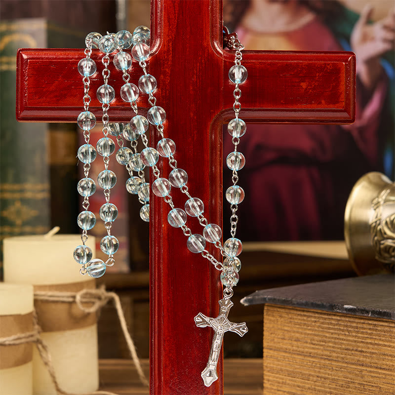 AMUSOUL Our Lady & Crucifix of 8mm Round Glass Blue Alloy Chain Rosary