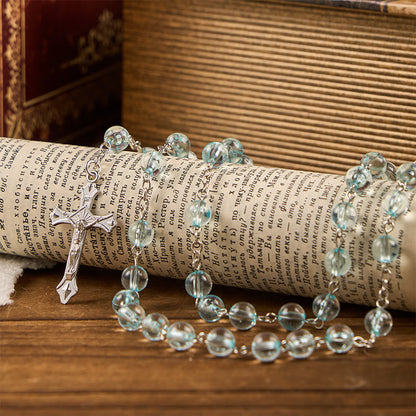 AMUSOUL Our Lady & Crucifix of 8mm Round Glass Blue Alloy Chain Rosary