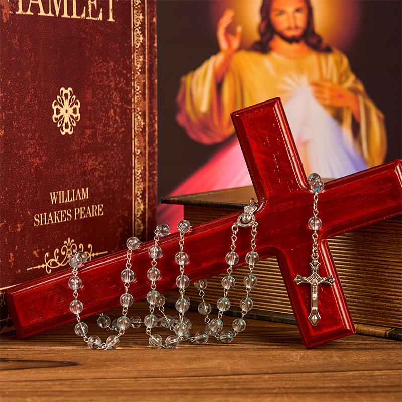 AMUSOUL Our Lady & Crucifix of 8mm Round Glass Blue Alloy Chain Rosary