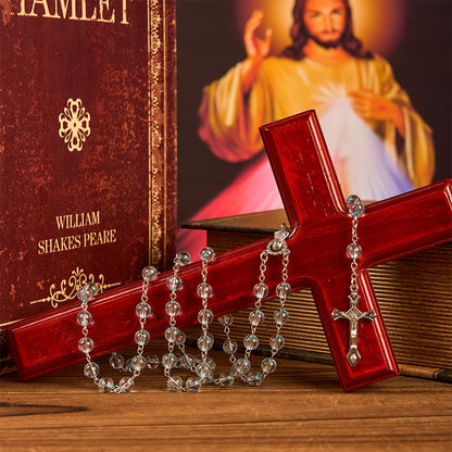 AMUSOUL Our Lady & Crucifix of 8mm Round Glass Blue Alloy Chain Rosary