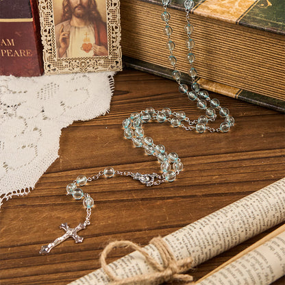 AMUSOUL Our Lady & Crucifix of 8mm Round Glass Blue Alloy Chain Rosary