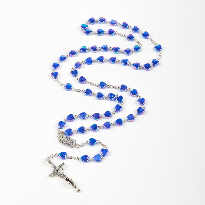 AMUSOUL Our Lady & Crucifix of 8mm Heart Acrylic Blue Alloy Chain Rosary