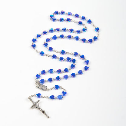 AMUSOUL Our Lady & Crucifix of 8mm Heart Acrylic Blue Alloy Chain Rosary