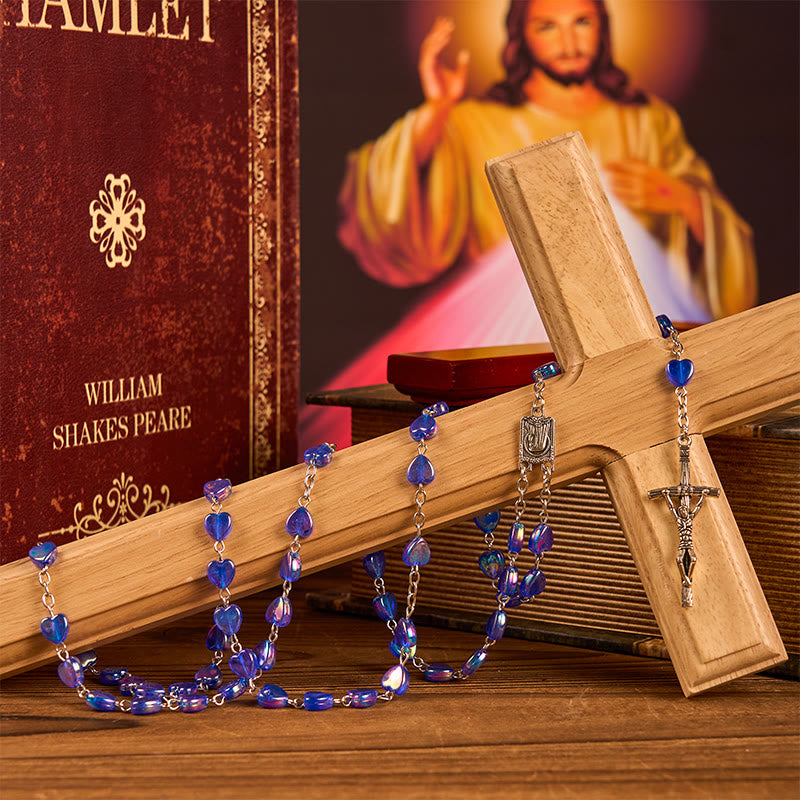 AMUSOUL Our Lady & Crucifix of 8mm Heart Acrylic Blue Alloy Chain Rosary