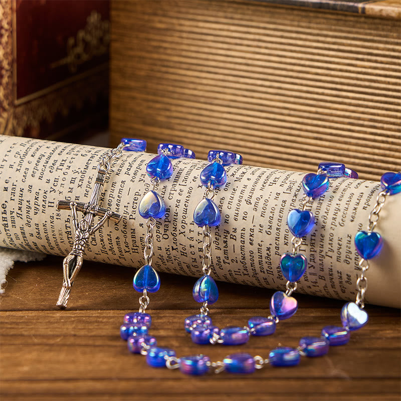 AMUSOUL Our Lady & Crucifix of 8mm Heart Acrylic Blue Alloy Chain Rosary