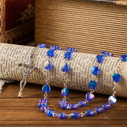 AMUSOUL Our Lady & Crucifix of 8mm Heart Acrylic Blue Alloy Chain Rosary