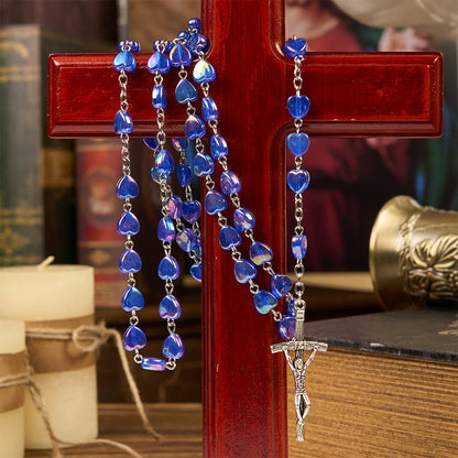 AMUSOUL Our Lady & Crucifix of 8mm Heart Acrylic Blue Alloy Chain Rosary