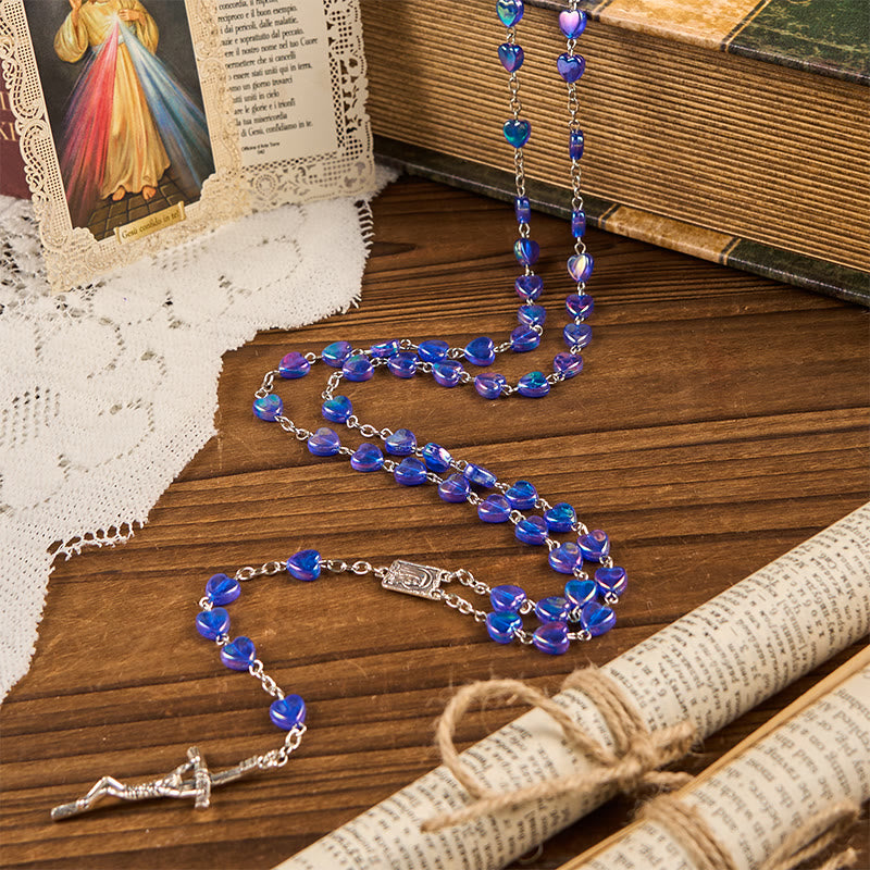 AMUSOUL Our Lady & Crucifix of 8mm Heart Acrylic Blue Alloy Chain Rosary