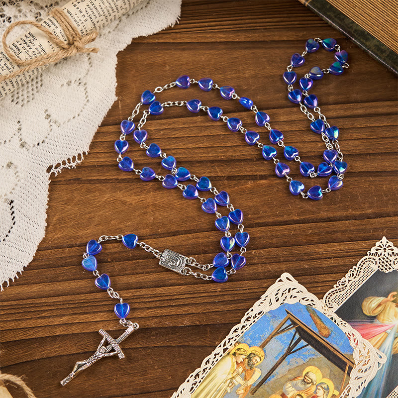 AMUSOUL Our Lady & Crucifix of 8mm Heart Acrylic Blue Alloy Chain Rosary