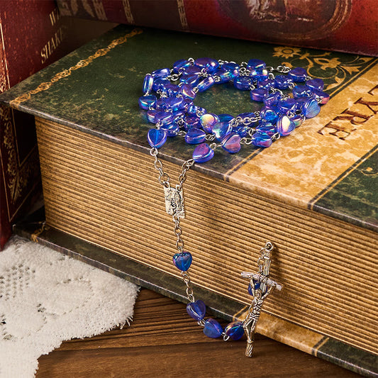 AMUSOUL Our Lady & Crucifix of 8mm Heart Acrylic Blue Alloy Chain Rosary