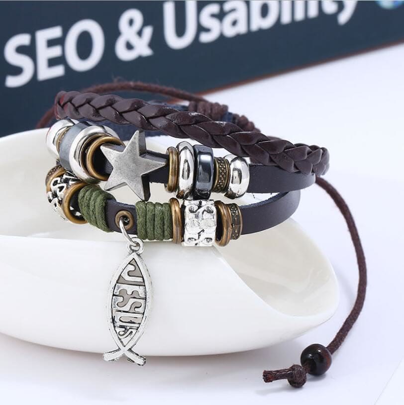 AMUSOUL Retro Jesus Fish Adjustable Leather Cord Bracelet
