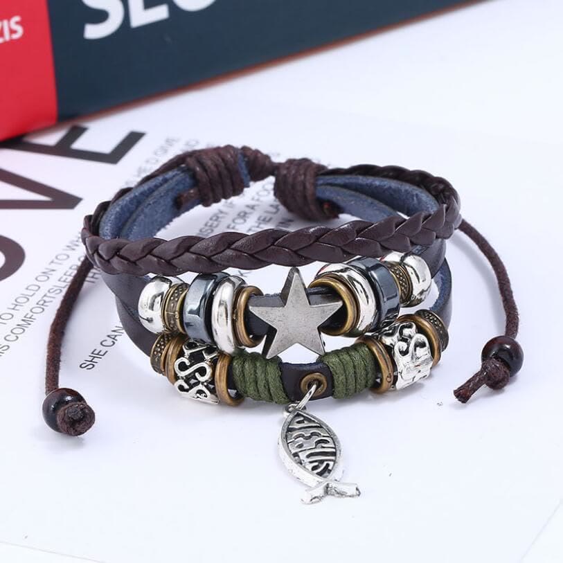 AMUSOUL Retro Jesus Fish Adjustable Leather Cord Bracelet