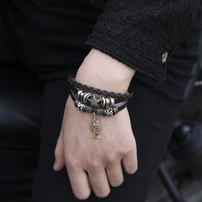AMUSOUL Retro Jesus Fish Adjustable Leather Cord Bracelet