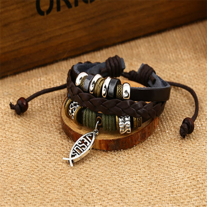 AMUSOUL Retro Jesus Fish Adjustable Leather Cord Bracelet