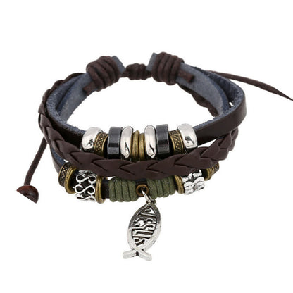 AMUSOUL Retro Jesus Fish Adjustable Leather Cord Bracelet