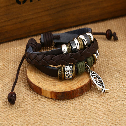 AMUSOUL Retro Jesus Fish Adjustable Leather Cord Bracelet