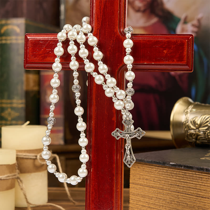 AMUSOUL Miraculous Medal & Crucifix of 8mm White  Pearl Ball Prayer Beads Rosary