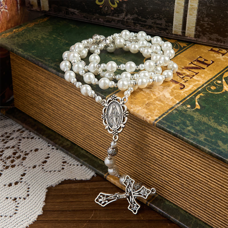 AMUSOUL Miraculous Medal & Crucifix of 8mm White  Pearl Ball Prayer Beads Rosary