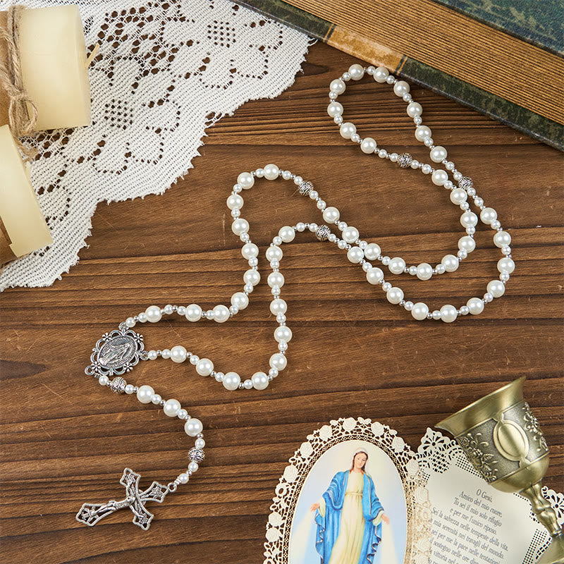 AMUSOUL Miraculous Medal & Crucifix of 8mm White  Pearl Ball Prayer Beads Rosary