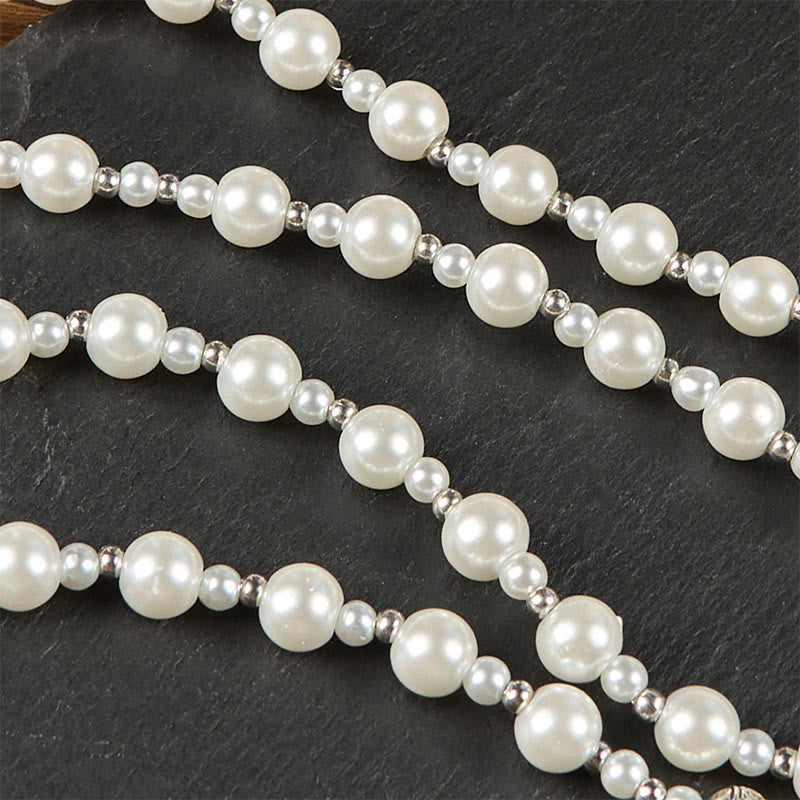 AMUSOUL Miraculous Medal & Crucifix of 8mm White  Pearl Ball Prayer Beads Rosary