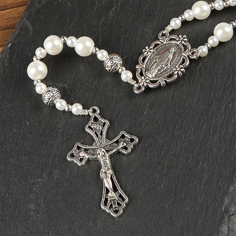 AMUSOUL Miraculous Medal & Crucifix of 8mm White  Pearl Ball Prayer Beads Rosary