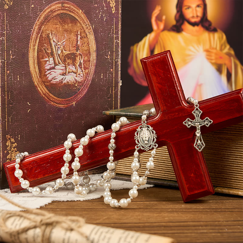 AMUSOUL Miraculous Medal & Crucifix of 8mm White  Pearl Ball Prayer Beads Rosary