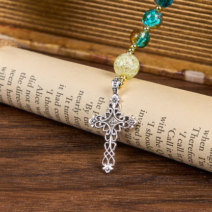 AMUSOUL Miraculous Medal & Celtic Cross of 8 mm Round Multicolor Glass Alloy Chain Rosary