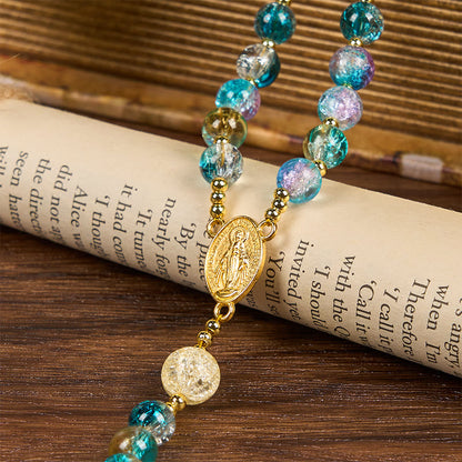 AMUSOUL Miraculous Medal & Celtic Cross of 8 mm Round Multicolor Glass Alloy Chain Rosary